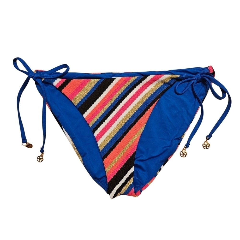 Trina Turk Lux Piqué Tie Side Pant Bikini Bottom Metallic Gold Blue Pink - Picture 6 of 17